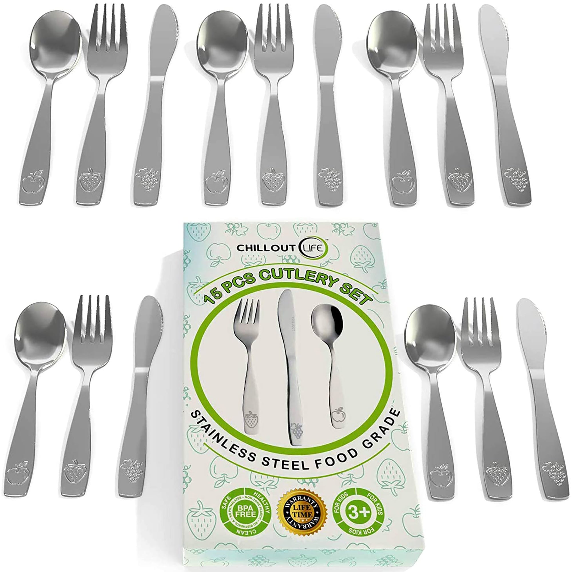 Stainless Steel Kids Silverware Set by Chillout Life for Kids - 15 Pc Cutlery