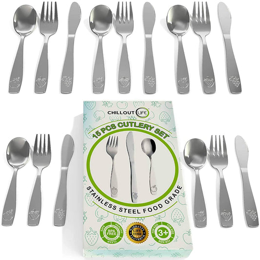 Stainless Steel Kids Silverware Set by Chillout Life for Kids - 15 Pc Cutlery