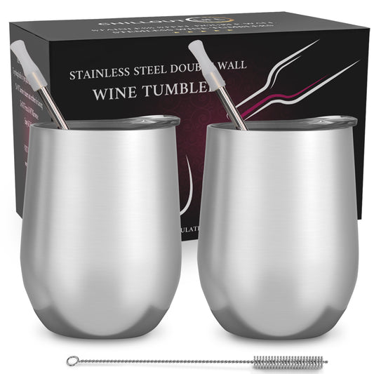 Stainless Steel Double Wall Wine Tumbler - Stainless steel by Chillout Life for Unisex - 2 x 12 oz Tumbler