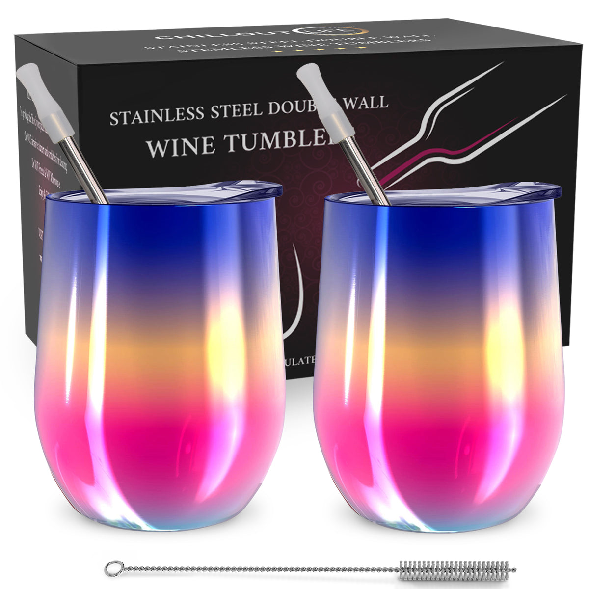 Stainless Steel Double Wall Wine Tumbler - Rainbow by Chillout Life for Unisex - 2 x 12 oz Tumbler