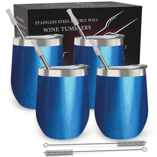 Stainless Steel Double Wall Wine Tumbler - Blue Sparkle by Chillout Life for Unisex - 4 x 12 oz Tumbler