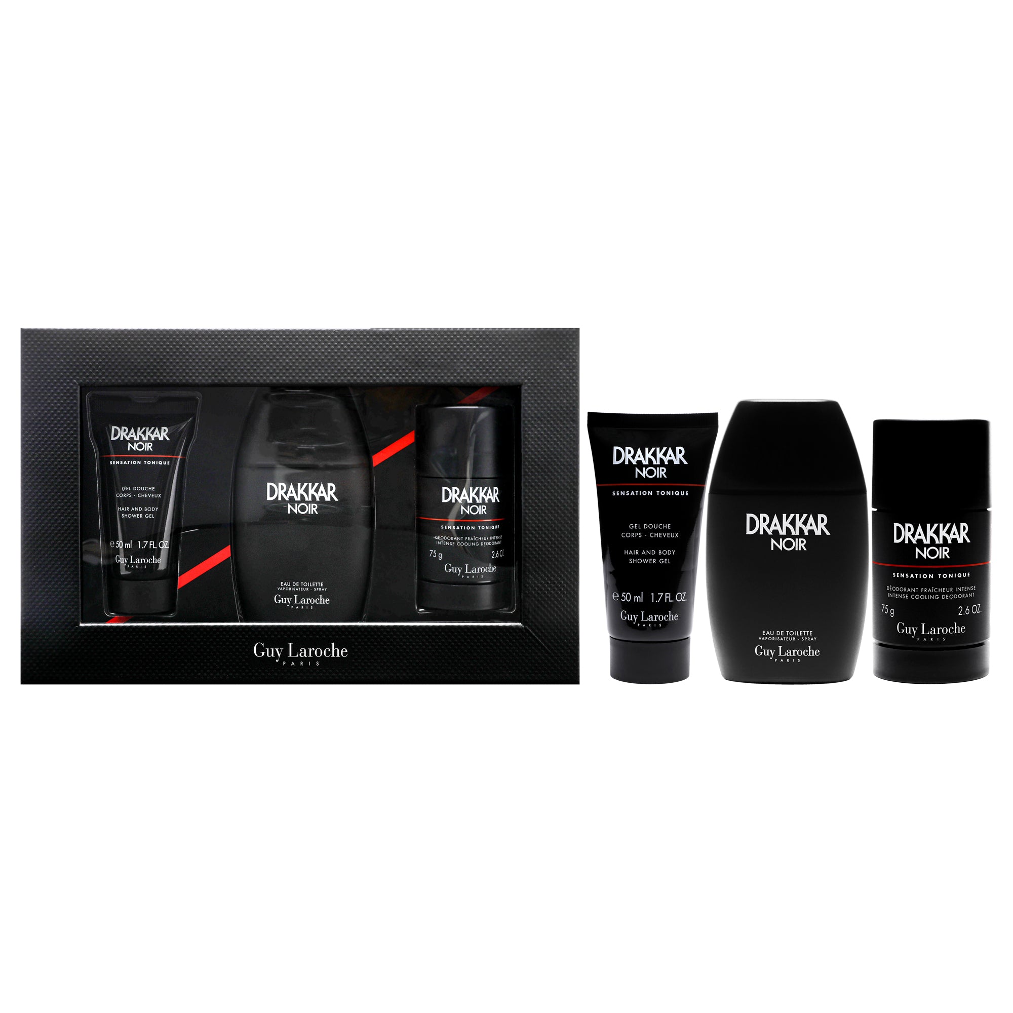 Drakkar Noir - 2021 by Guy Laroche for Men - 3 Pc Gift Set 3.4oz EDT Spray, 2.6oz Deodorant Stick, 1.7oz Shower Gel