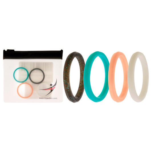 Silicone Wedding Stackble Point Ring Set - Turquoise-Black by ROQ for Women - 4 x 9 mm Ring