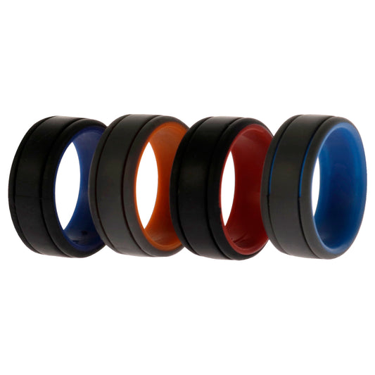 Silicone Wedding 2Layer Lines Ring Set - Grey-Black by ROQ for Men - 4 x 9 mm Ring