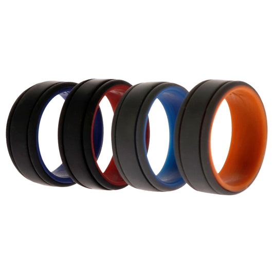 Silicone Wedding 2Layer Lines Ring Set - Grey-Black by ROQ for Men - 4 x 10 mm Ring