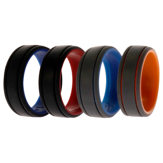 Silicone Wedding 2Layer Lines Ring Set - Grey-Black by ROQ for Men - 4 x 14 mm Ring