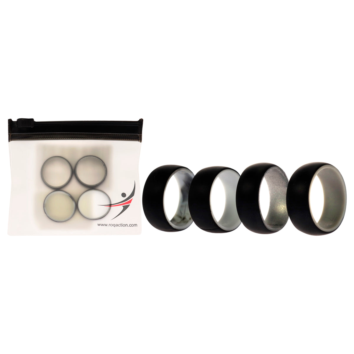 Silicone Wedding 2Layer Dome Ring Set - Black-Marble by ROQ for Men - 4 x 7 mm Ring