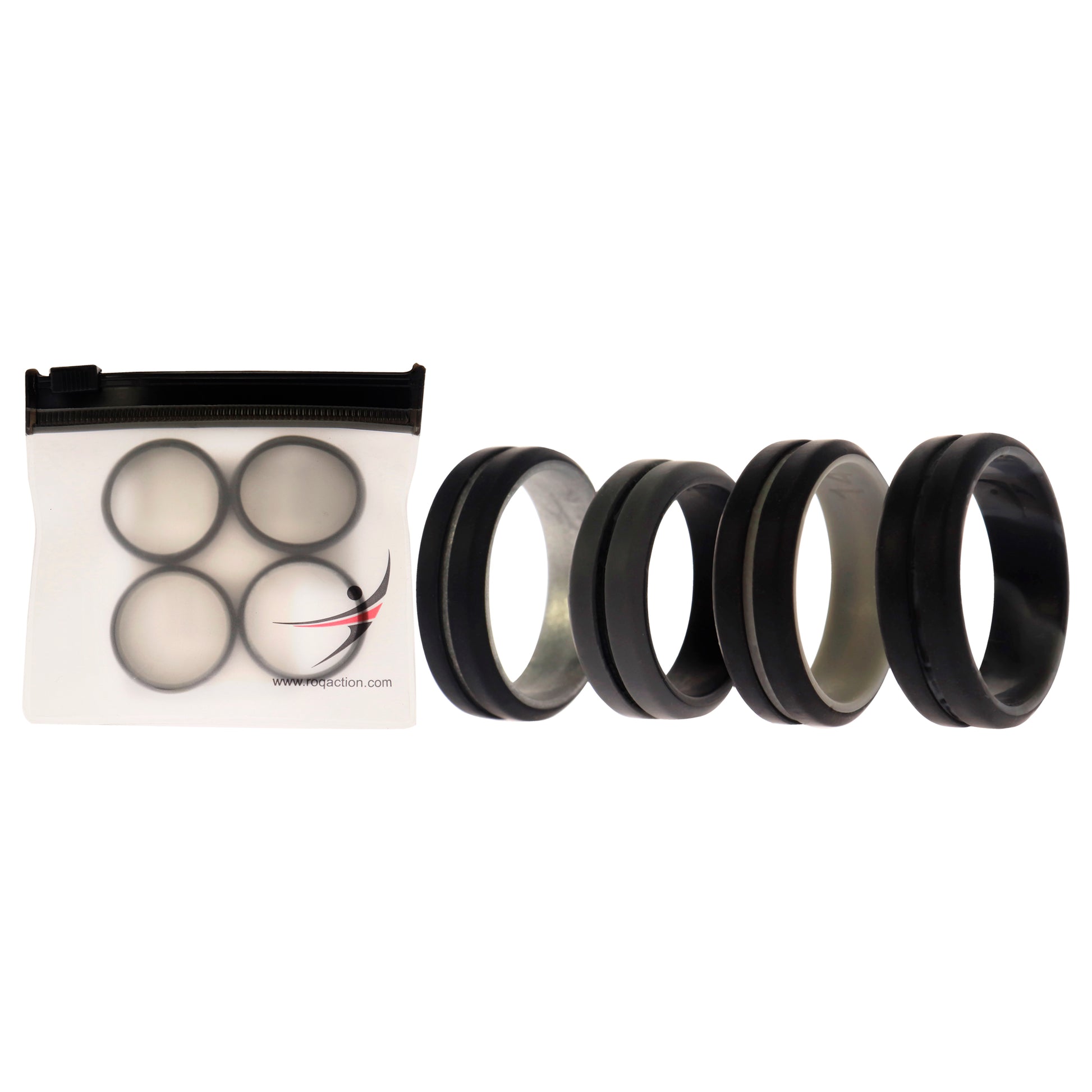 Silicone Wedding 2Layer Middle Line Ring Set - Black-Camo by ROQ for Men - 4 x 14 mm Ring