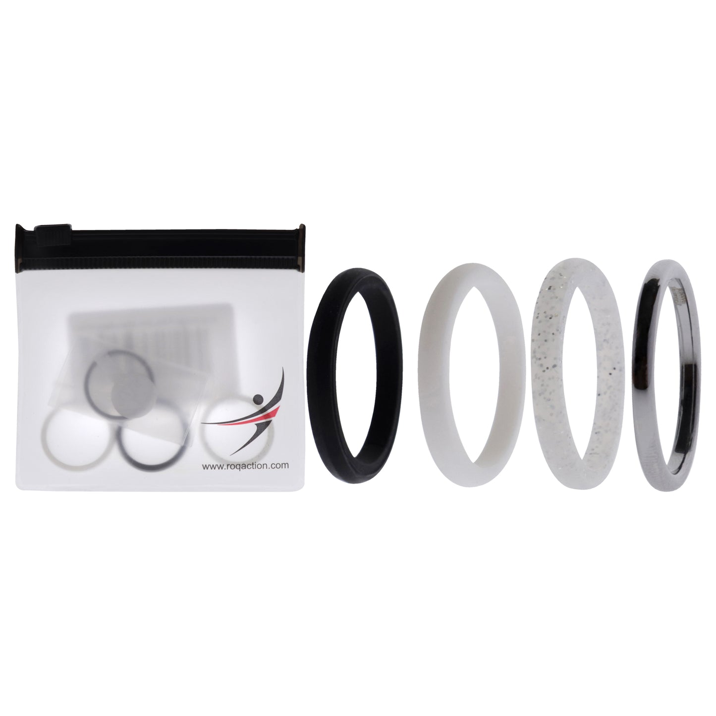 Silicone Wedding Twin 2mm Ring Set - Black-White by ROQ for Women - 4 x 7 mm Ring