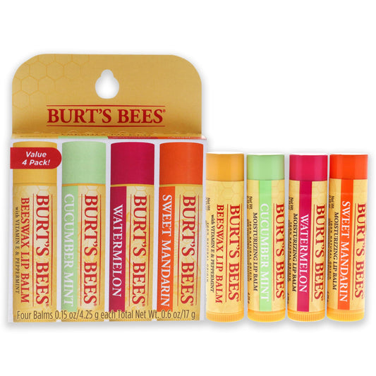 Freshly Picked Moisturizing Lip Balm Blister Pack by Burts Bees for Unisex - 4 x 0.15 oz Lip Balm Watermelon, Sweet Mandarin, Beeswax, Cucumber Mint