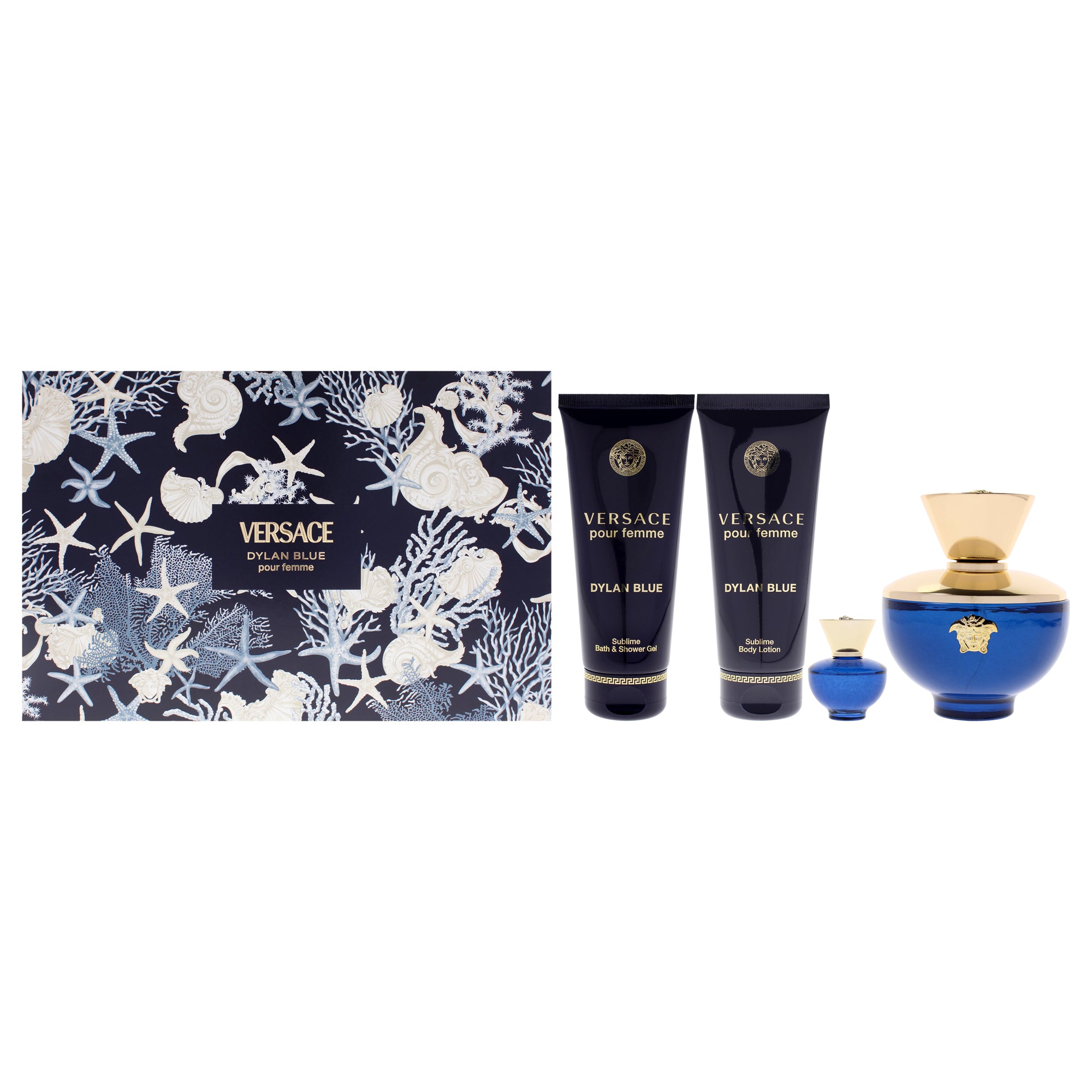 Dylan Blue by Versace for Women - 4 Pc Gift Set 3.0oz EDP Spray, 3.4oz Body Lotion, 3.4oz Bath and Shower Gel, 5ml EDP Rollerball Mini