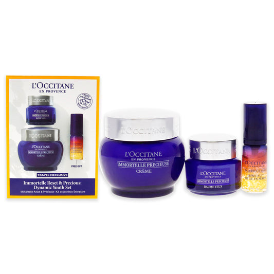 Immortelle Reset and Precious Dynamic Youth Set by LOccitane for Unisex - 3 Pc 0.16oz Overnight Reset Oil-In-Serum, 0.5oz Precious Eye Balm, 1.7oz Precious Cream