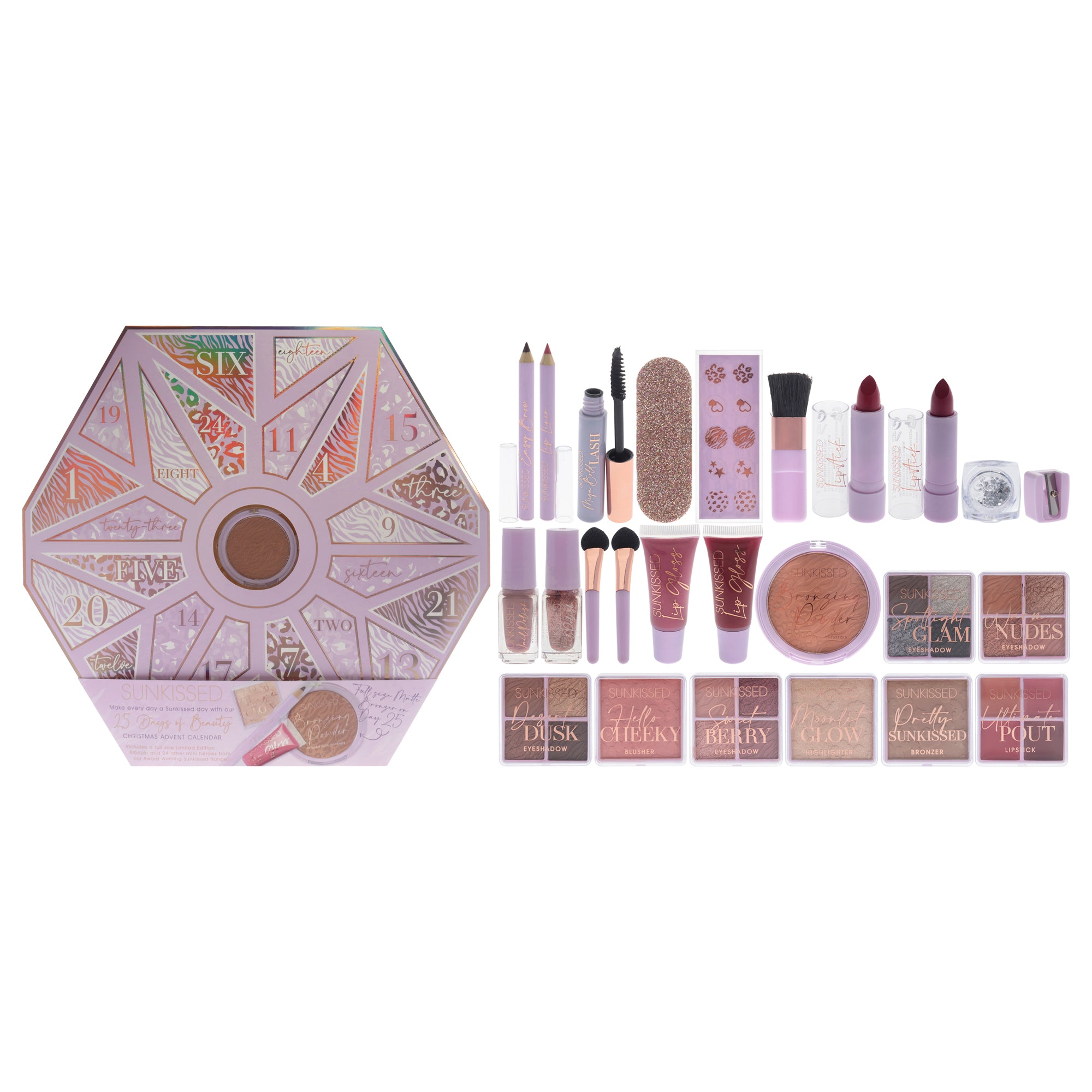 25 Days of Beauty Advent Calendar Set by Sunkissed for Women - 25 Pc 4 X 0.15oz Eyeshadow - Desert Dusk, Eyeshadow - Spotlight Glam, Eyeshadow - Sweet Berry, Eyeshadow - Warm Nudes, 0.14oz Blush - Hello Cheeky, 0.14oz Bronzer - Pretty Sunkissed, 0.39