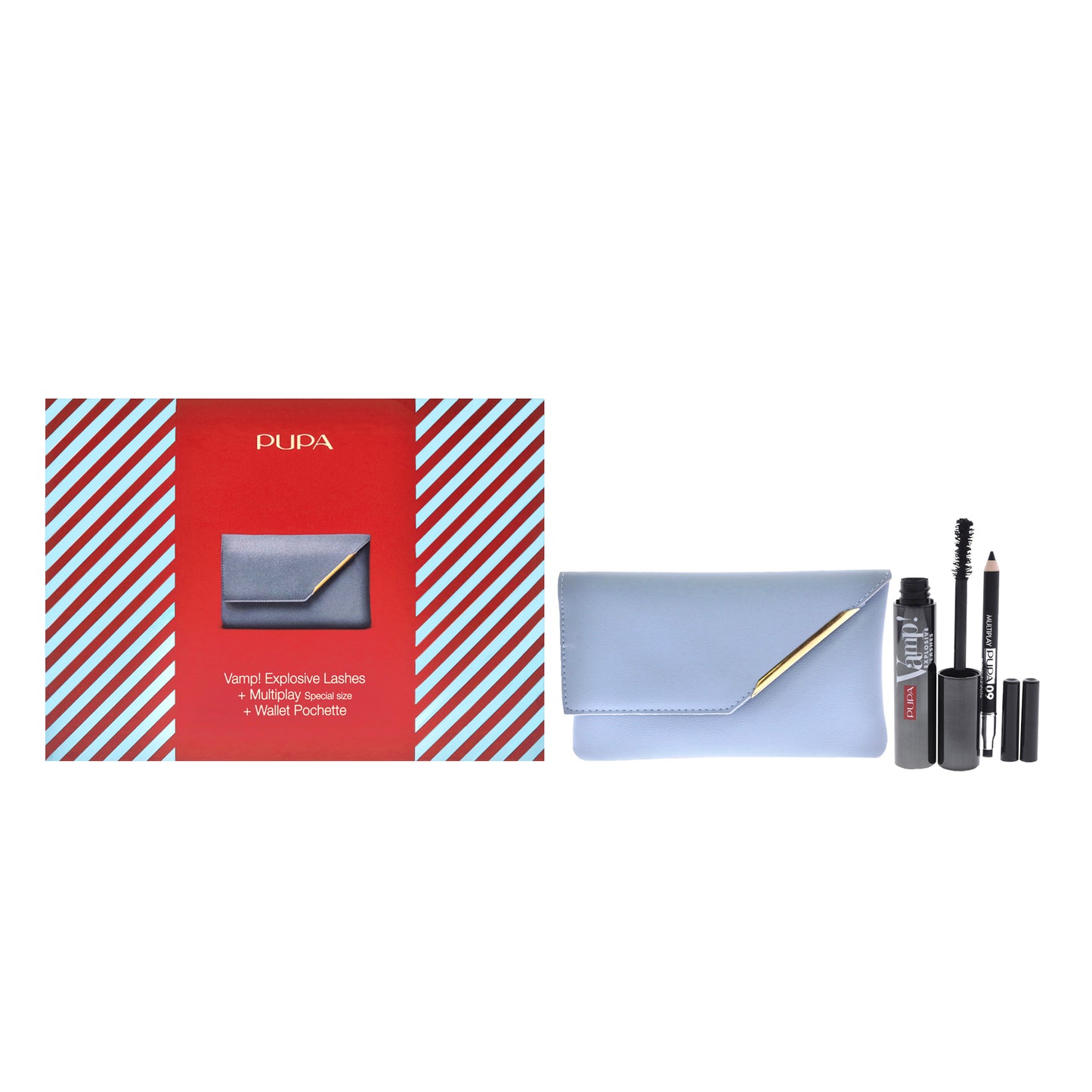 Vamp! Explosive Lashes and Multiply Set by Pupa Milano for Women - 3 Pc 0.40oz Vamp! Explosive Lashes Mascara - 110 Black, 0.03oz Multiplay Eye Pencil - 09 Black, Wallet