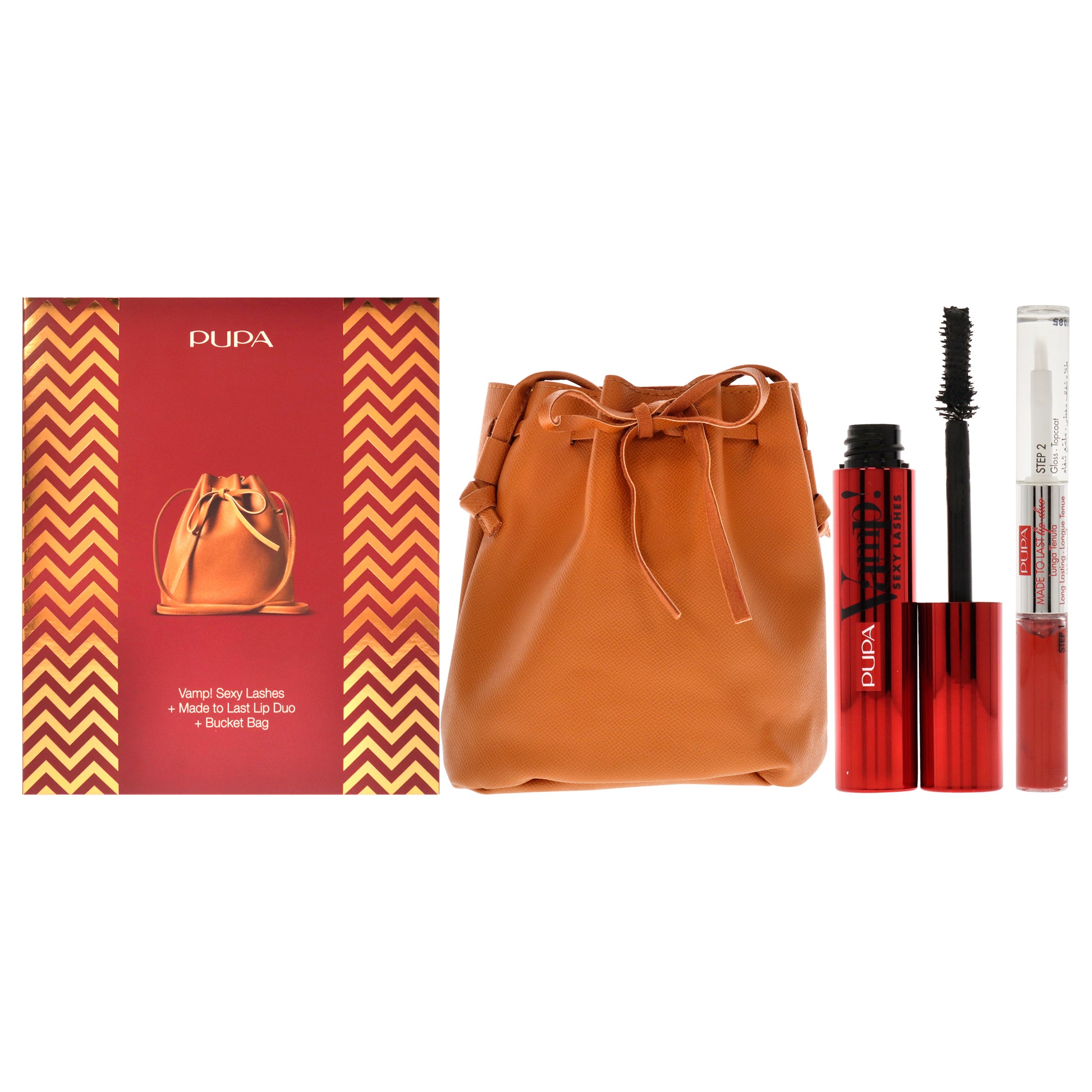 Vamp! Sexy Lashes and Made to Last Lip Set by Pupa Milano for Women - 3 Pc 0.40oz Vamp! Sexy Lashes Mascara - 011 Black, 2 x 0.13oz Made to Last Lip Duo - 018, Bucket Bag
