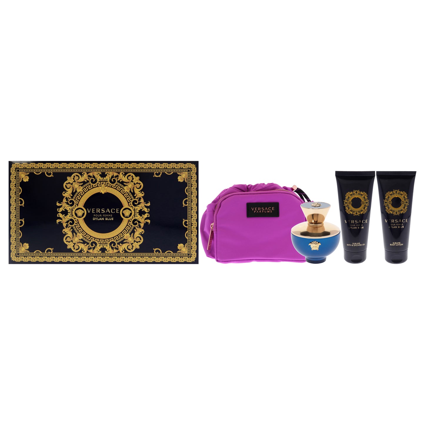 Dylan Blue by Versace for Women - 4 Pc Gift Set - 3.4oz EDP Spray, 3.4oz Sublime Body Lotion, 3.4oz Sublime Bath and Shower Gel, Makeup Case