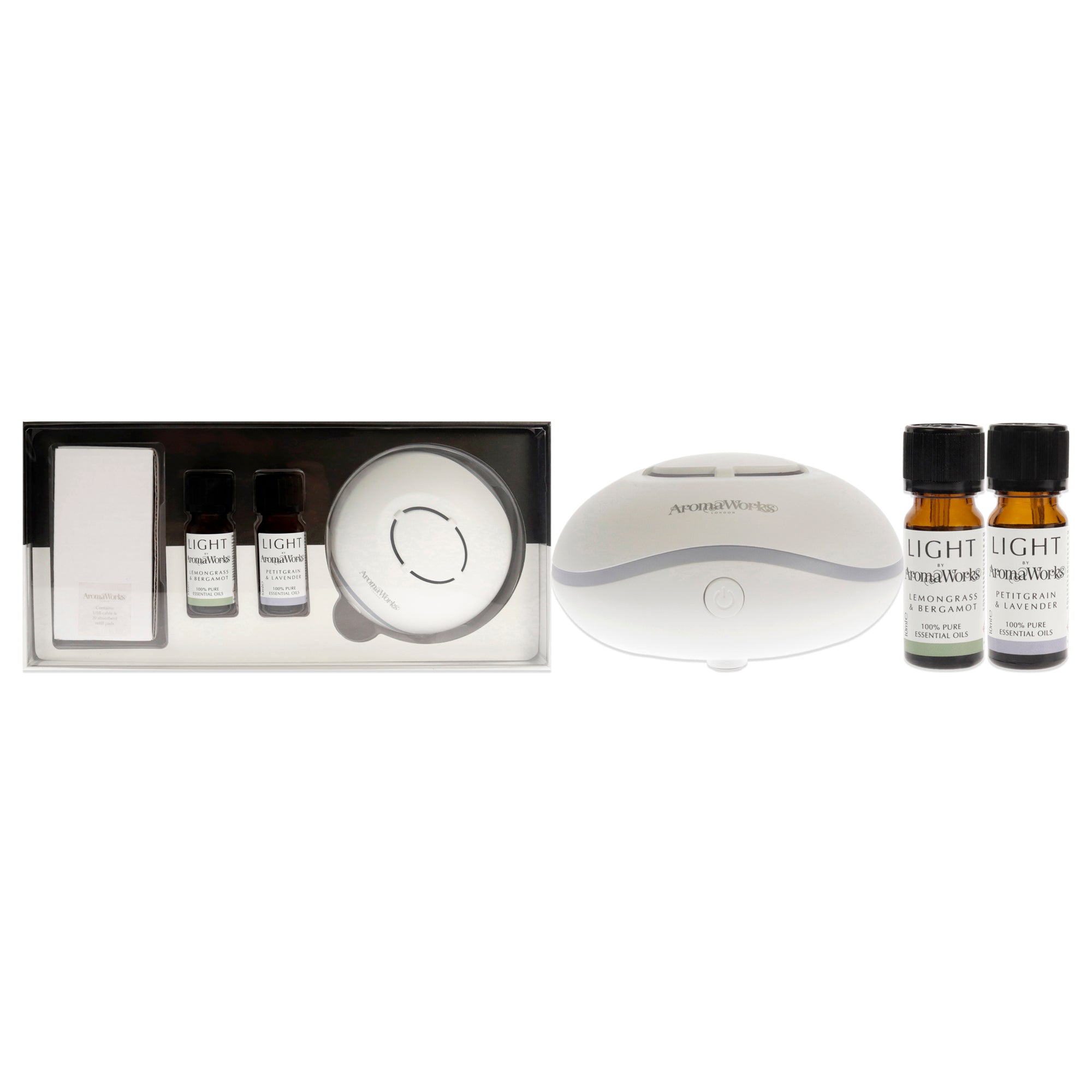 Light Range USB Aroma Diffuser Set by Aromaworks for Unisex - 4 Pc 0.33oz Light Essential Oil - Lemongrass and Bergamot, 0.33oz Light Essential Oil - Petitgrain and Lavender, USB Diffuser, USB Cable and 20 Refill Pads