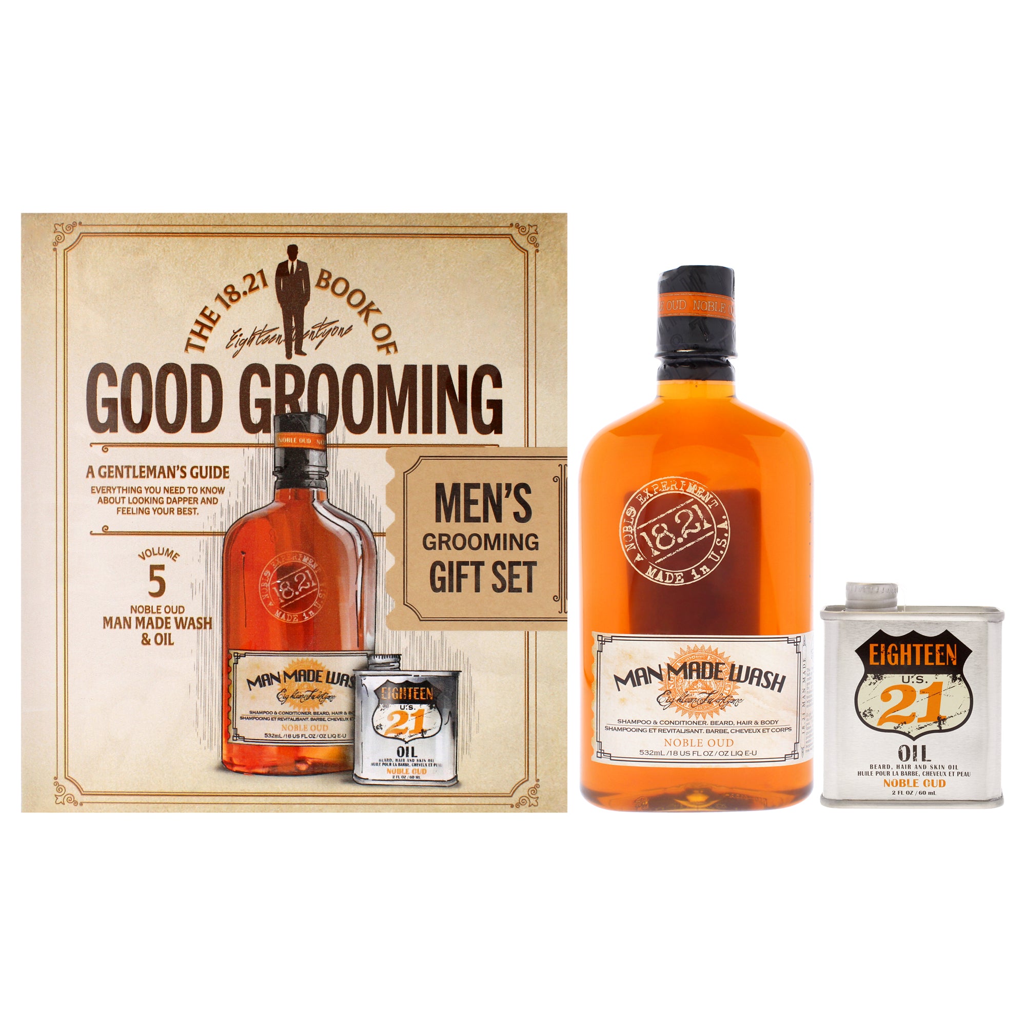 Book of Good Grooming Volume 5 Set - Noble Oud by 18.21 Man Made for Men - 2 Pc 18oz Man Made Wash 3-In-1 Shampoo, Conditioner and Body Wash, 2oz Oil
