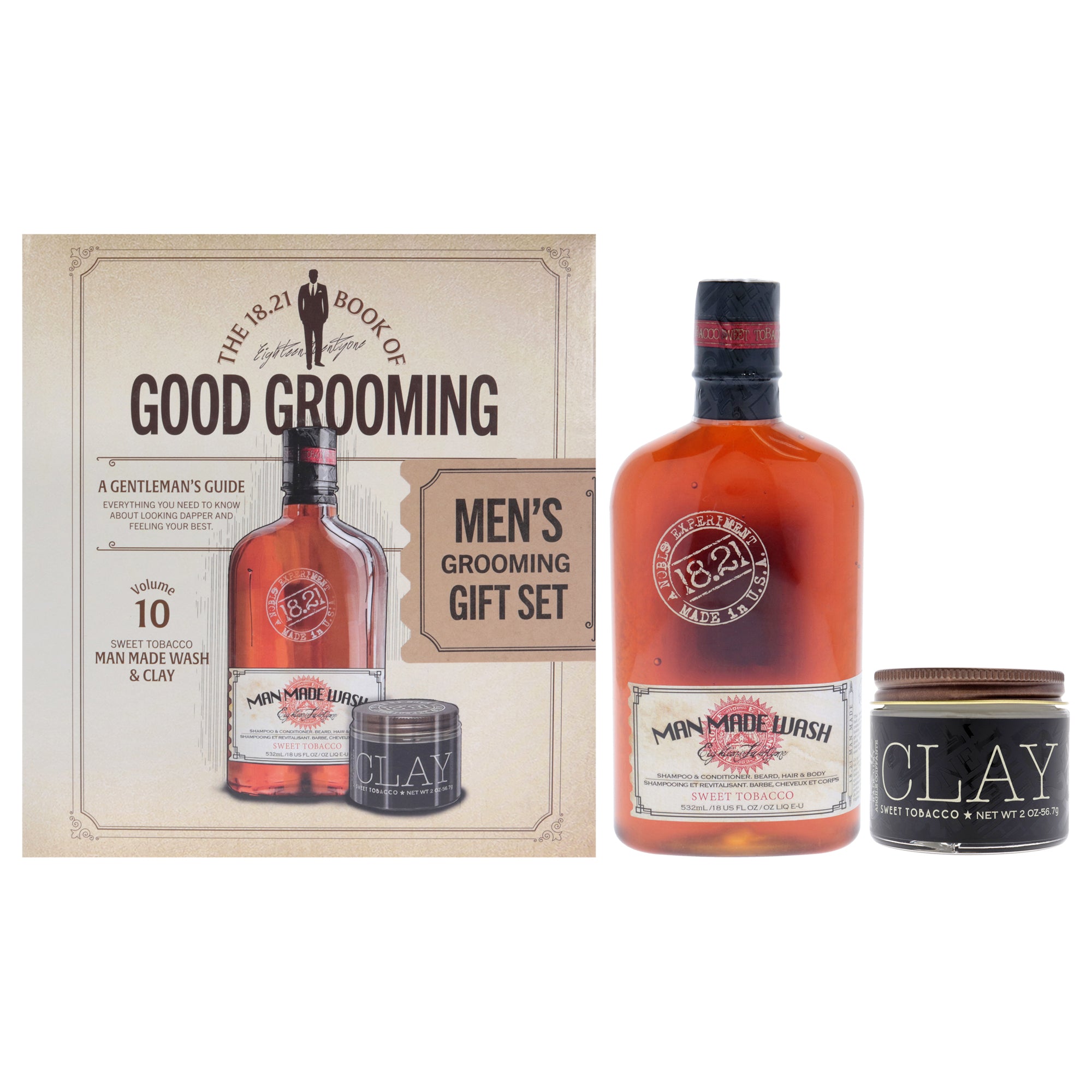 Book of Good Grooming Volume 10 Set - Sweet Tobacco by 18.21 Man Made for Men - 2 Pc 18oz Man Made Wash 3-In-1 Shampoo, Conditioner and Body Wash, 2oz Clay