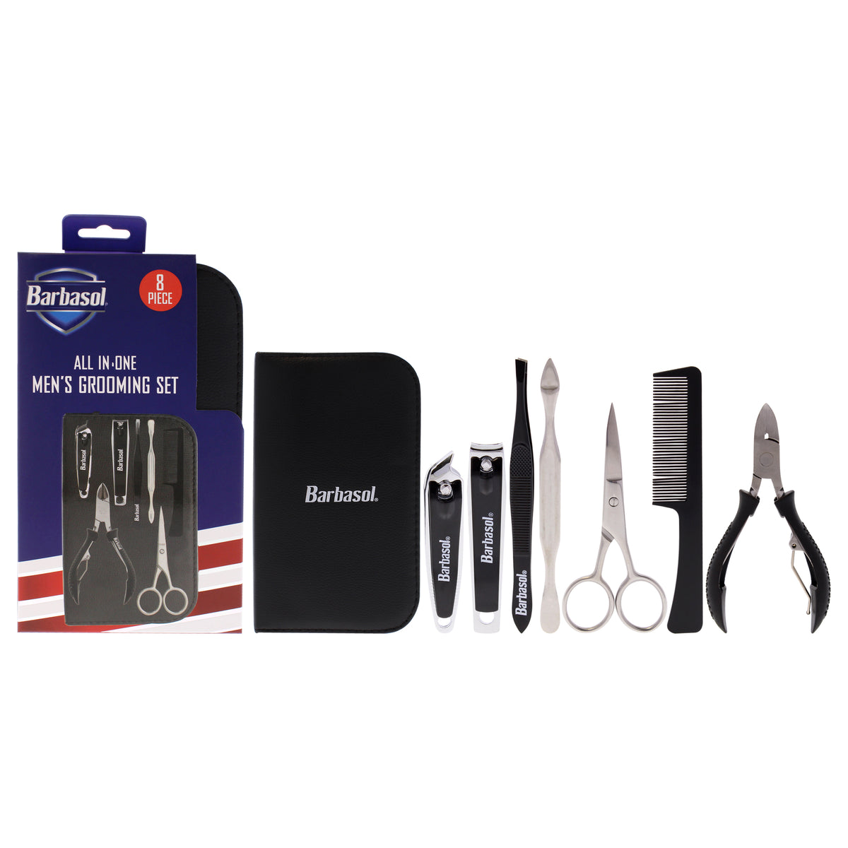 All In One Mens Grooming by Barbasol for Men - 8 Pc Slanted Nail Clipper, Large Nail Clipper, 2Pc Cuticle Pushers, Comb, Scissors, Cuticle Nipper, Case