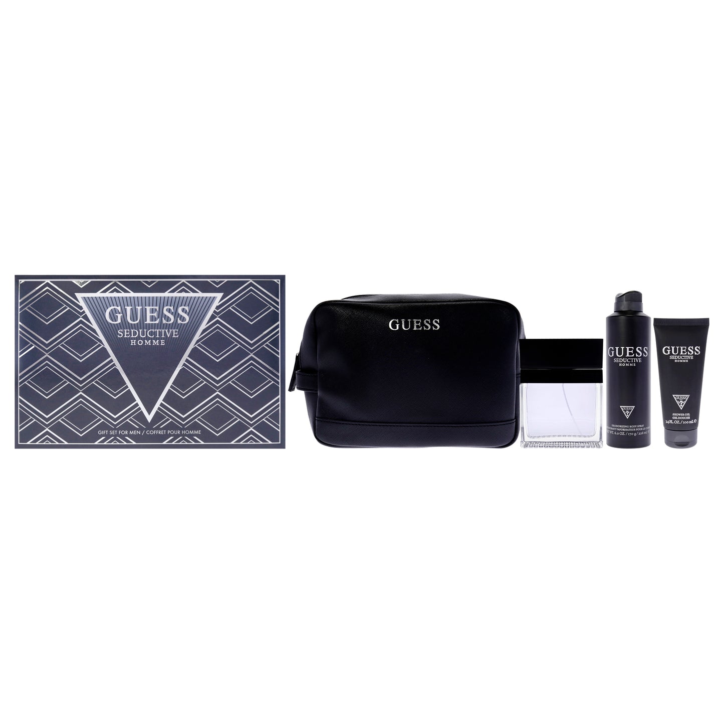 Seductive Homme by Guess for Men - 4 Pc Gift Set 3.4oz EDT Spray, 6oz Deodorant Body Spray, 3.4oz Shower Gel, Pouch