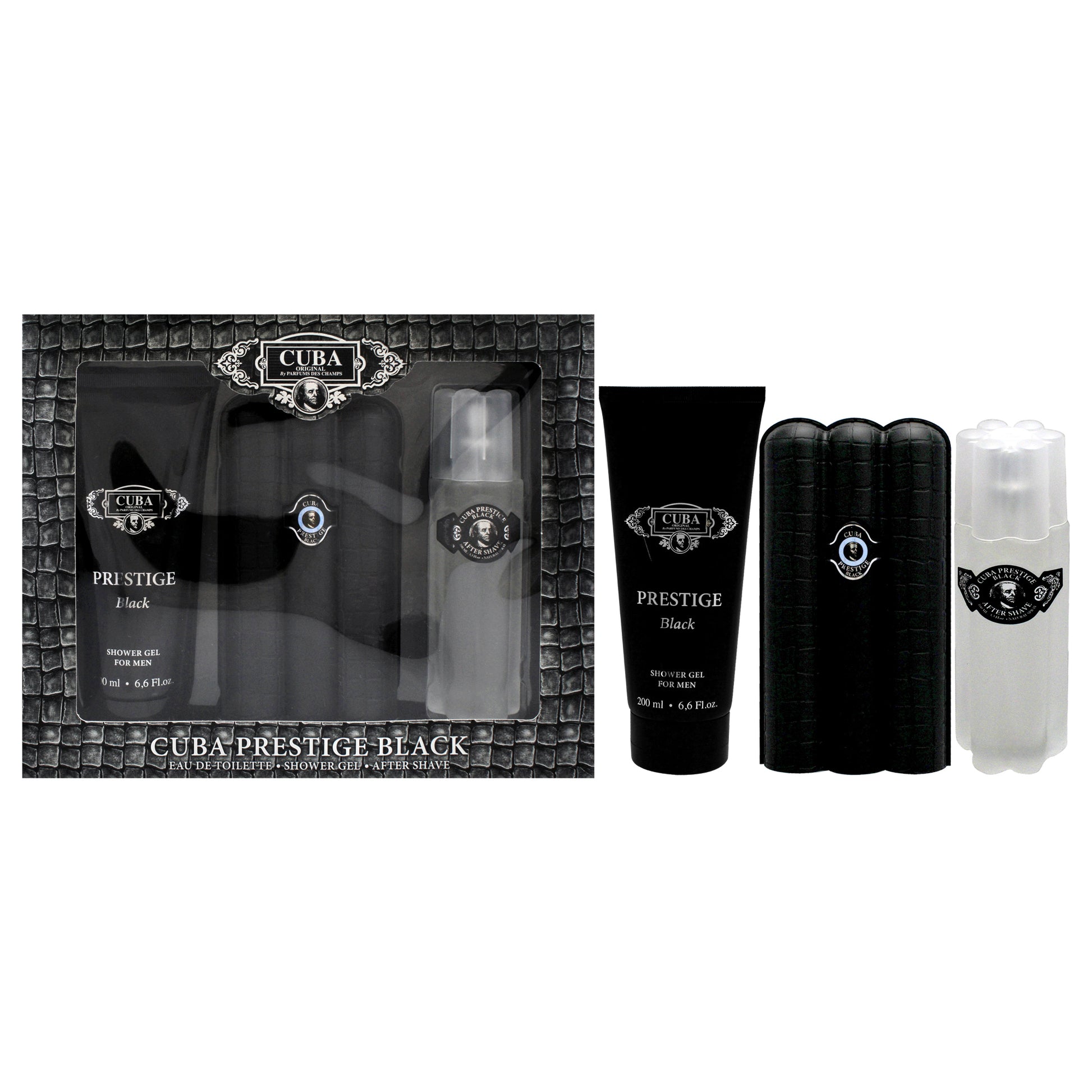 Cuba Prestige Black by Cuba for Men - 3 Pc Gift Set 3oz EDT Spray, 6.6oz Shower Gel, 3.3oz After Shave