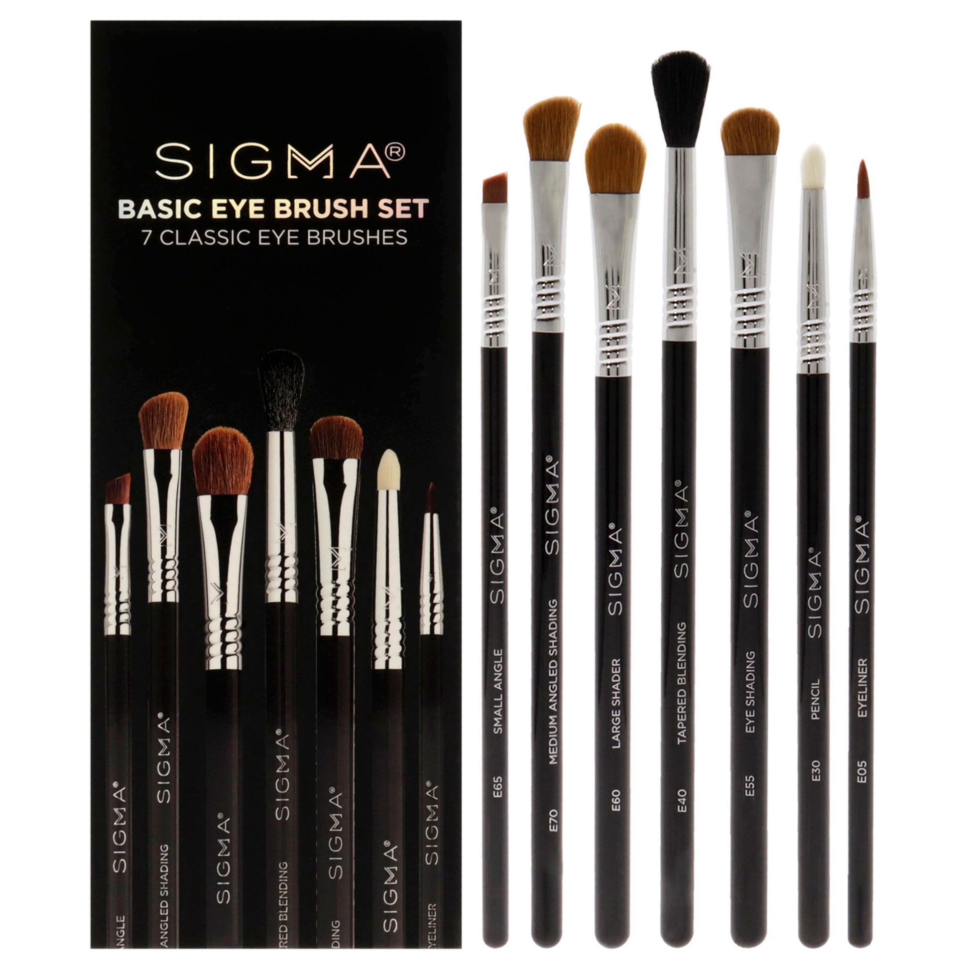 Basic Eyes Brush Set by SIGMA for Women - 7 Pc E05 - Eyeliner Brush, E30 - Pencil Brush, E40 - Tapered Blending Brush, E55 - Eye Shading Brush, E60 - Large Shader Brush, E65 - Small Angle Brush, E70 - Medium Angled Shading Brush