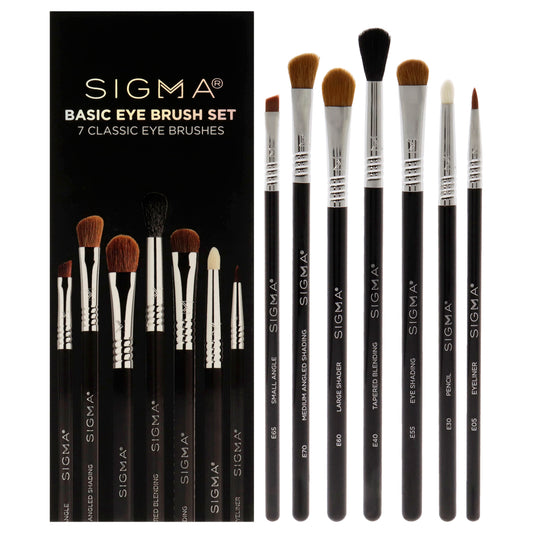 Basic Eyes Brush Set by SIGMA for Women - 7 Pc E05 - Eyeliner Brush, E30 - Pencil Brush, E40 - Tapered Blending Brush, E55 - Eye Shading Brush, E60 - Large Shader Brush, E65 - Small Angle Brush, E70 - Medium Angled Shading Brush