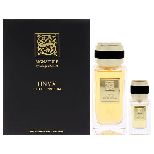 Onyx by Sillage dOrient for Unisex - 3 Pc Gift Set 3.4oz EDP Spray, 0.5oz EDP Spray (Refillable), Spayer