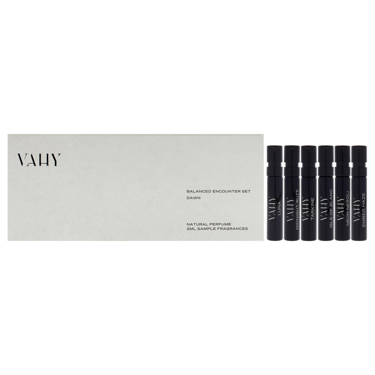 Balanced Encounter Set Dawn by Vahy for Unisex - 6 Pc Mini Gift Set 2ml Ember Haze EDP Spray Vial, 2ml Neon Neroli EDP Spray Vial, 2ml Isle Of Blanc EDP Spray Vial, 2ml Tarkine EDP Spray Vial, 2ml Midnight Ruze EDP Spray Vial, 2ml Luna EDP Spray Vial