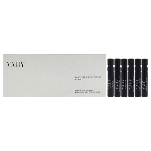 Balanced Encounter Set Dawn by Vahy for Unisex - 6 Pc Mini Gift Set 2ml Ember Haze EDP Spray Vial, 2ml Neon Neroli EDP Spray Vial, 2ml Isle Of Blanc EDP Spray Vial, 2ml Tarkine EDP Spray Vial, 2ml Midnight Ruze EDP Spray Vial, 2ml Luna EDP Spray Vial