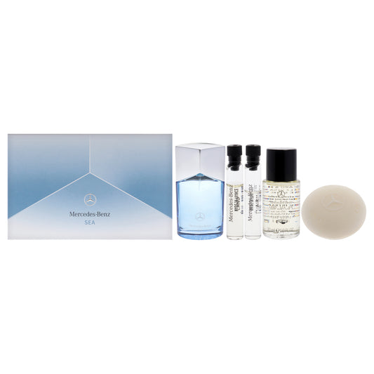Mercedes-Benz Sea by Mercedes-Benz for Men - 5 Pc Gift Set 3.4oz EDP Spray, 0.05oz Air EDP Spray (Mini), 0.05oz Land EDP Spray (Mini), 1oz LSA Face Beard and Hair Oil, 3.8oz LSA Solid Shower Gel
