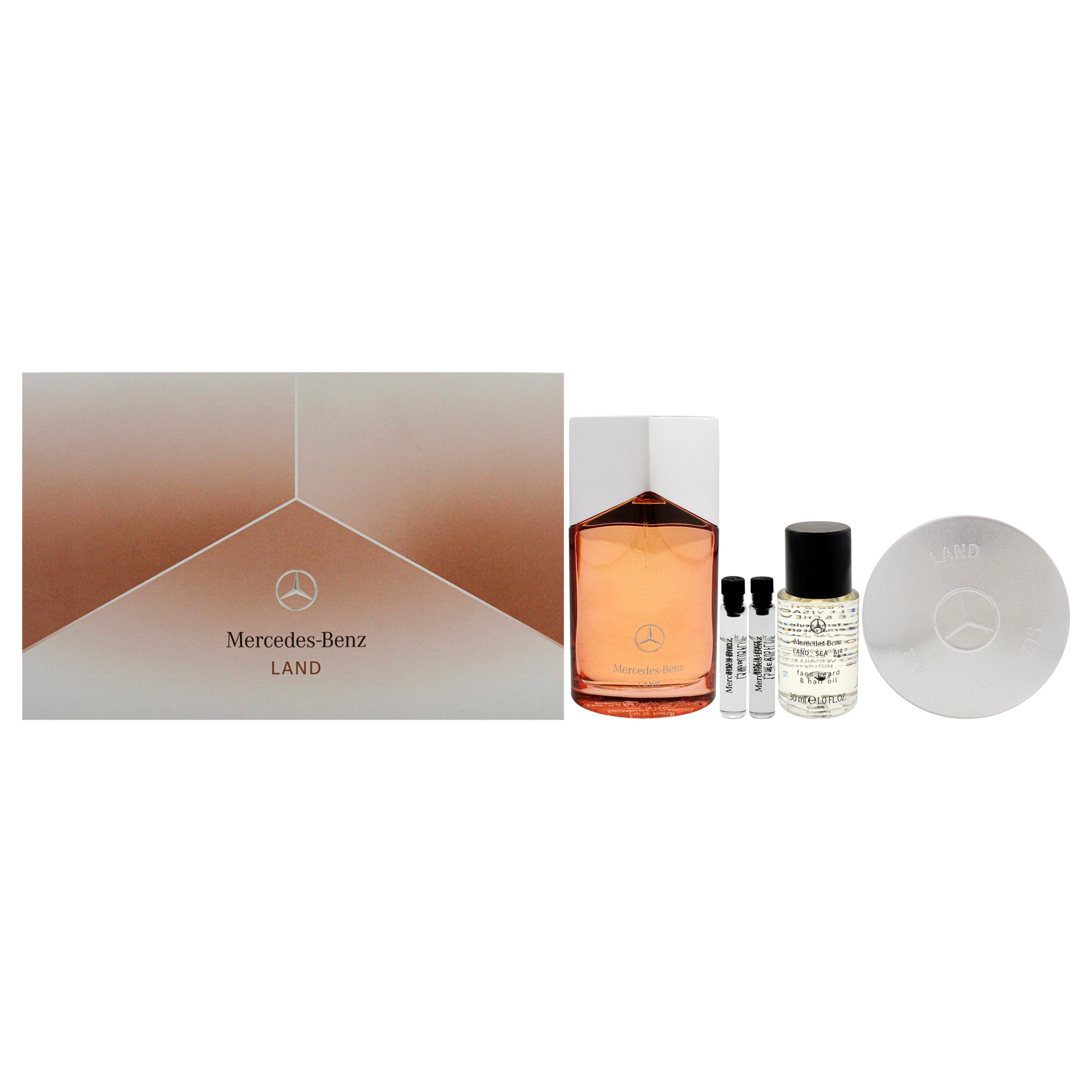 Mercedes-Benz Land by Mercedes-Benz for Men - 5 Pc Gift Set 3.4oz EDP Spray, 0.05oz Sea EDP Spray (Mini), 0.05oz Air EDP Spray (Mini), 1oz LSA Face Beard and Hair Oil, 3.8oz LSA Solid Shower Gel
