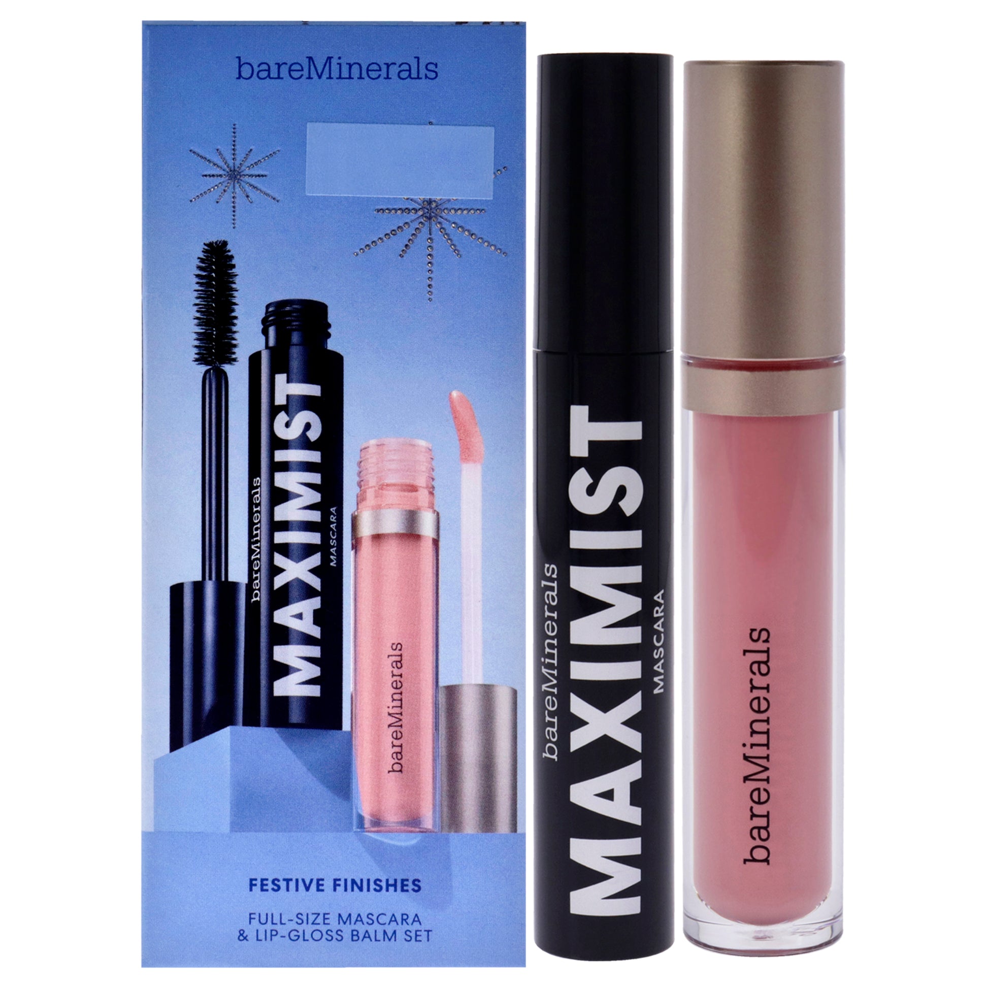 Festive Finished Set by bareMinerals for Women - 2 Pc 0.3oz Maximist Phyto-Fiber Volumizing Mascara - Maximum Black, 0.13oz Mineralist Lip Gloss-Balm - Serenity