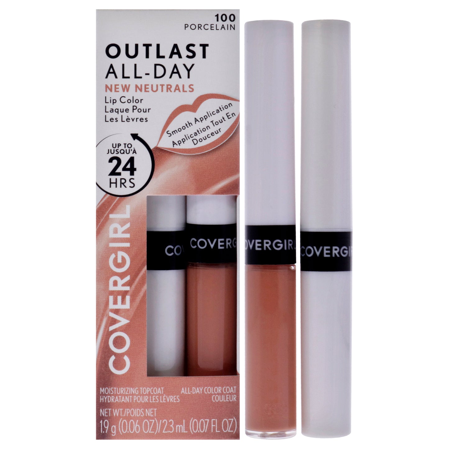Outlast All-Day Lip Color - 100 Porcelain by CoverGirl for Women - 2 Pc 0.06oz Moisturizing Top Coat, 0.07oz All-Day Color Coat