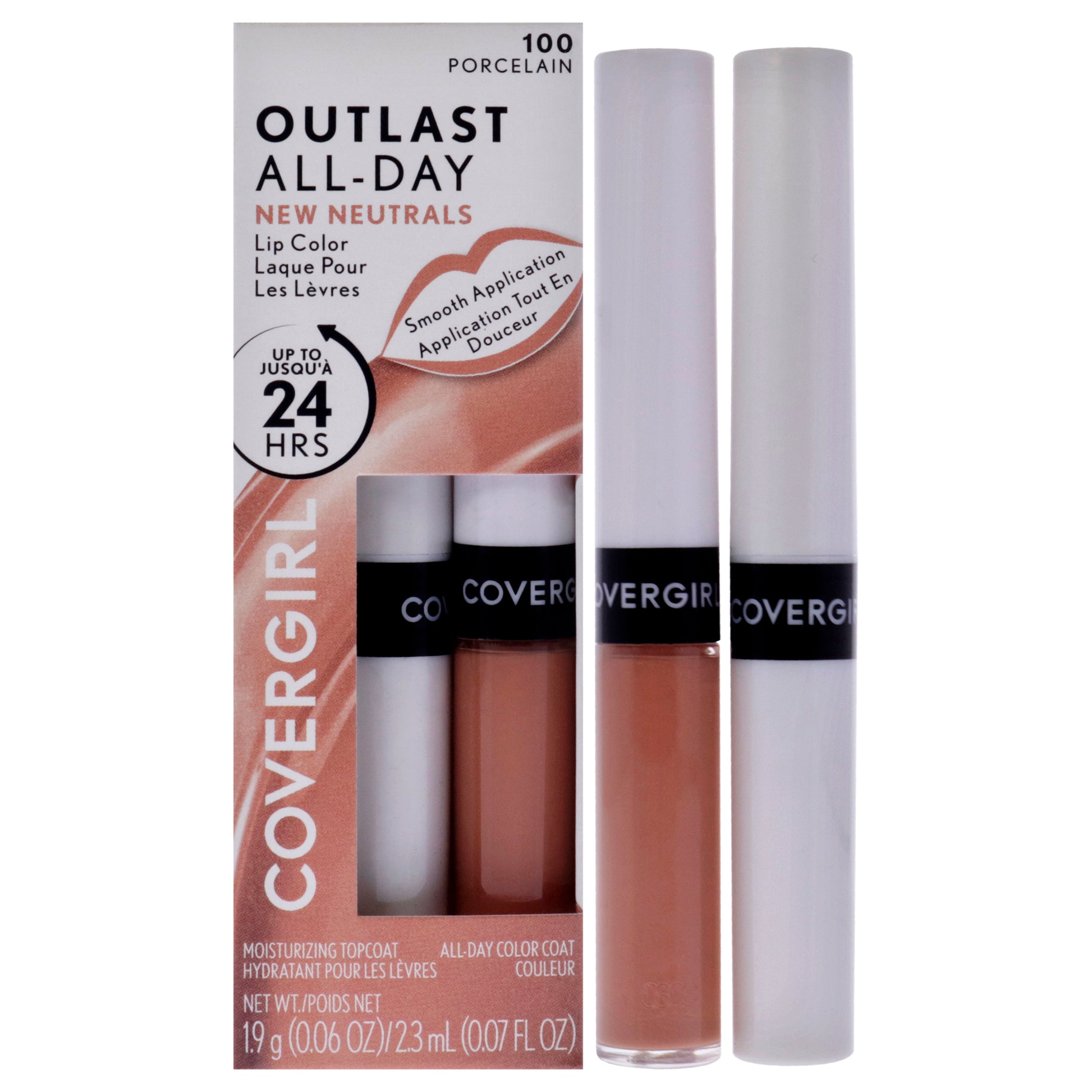 Outlast All-Day Lip Color - 100 Porcelain by CoverGirl for Women - 2 Pc 0.06oz Moisturizing Top Coat, 0.07oz All-Day Color Coat