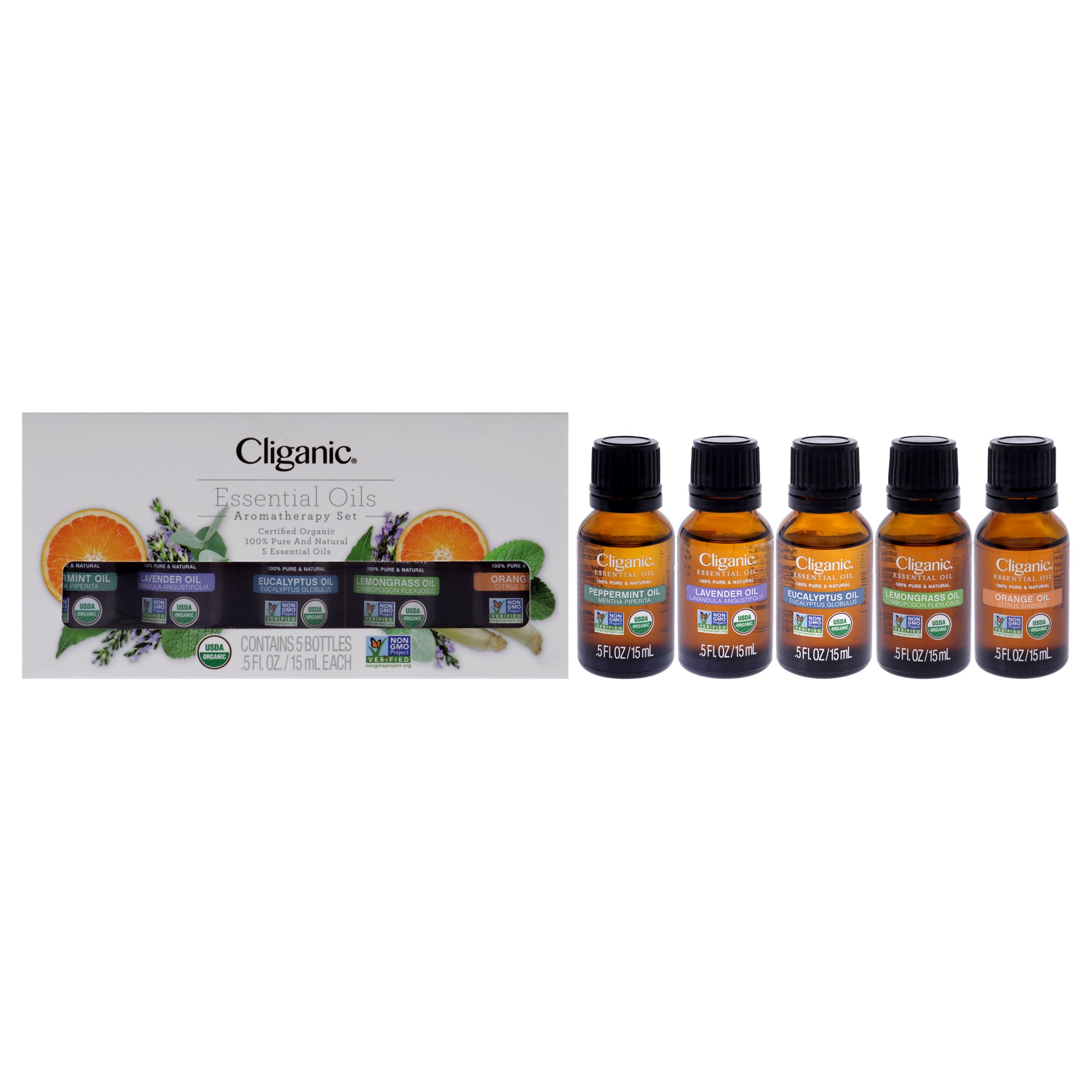 Organic Aromatherapy Set by Cliganic for Unisex - 5 Pc 0.5oz Oil - Peppermint, 0.5oz Oil - Lavender, 0.5oz Oil - Eucalyptus, 0.5oz Oil - Lemongrass, 0.5oz Oil - Orange