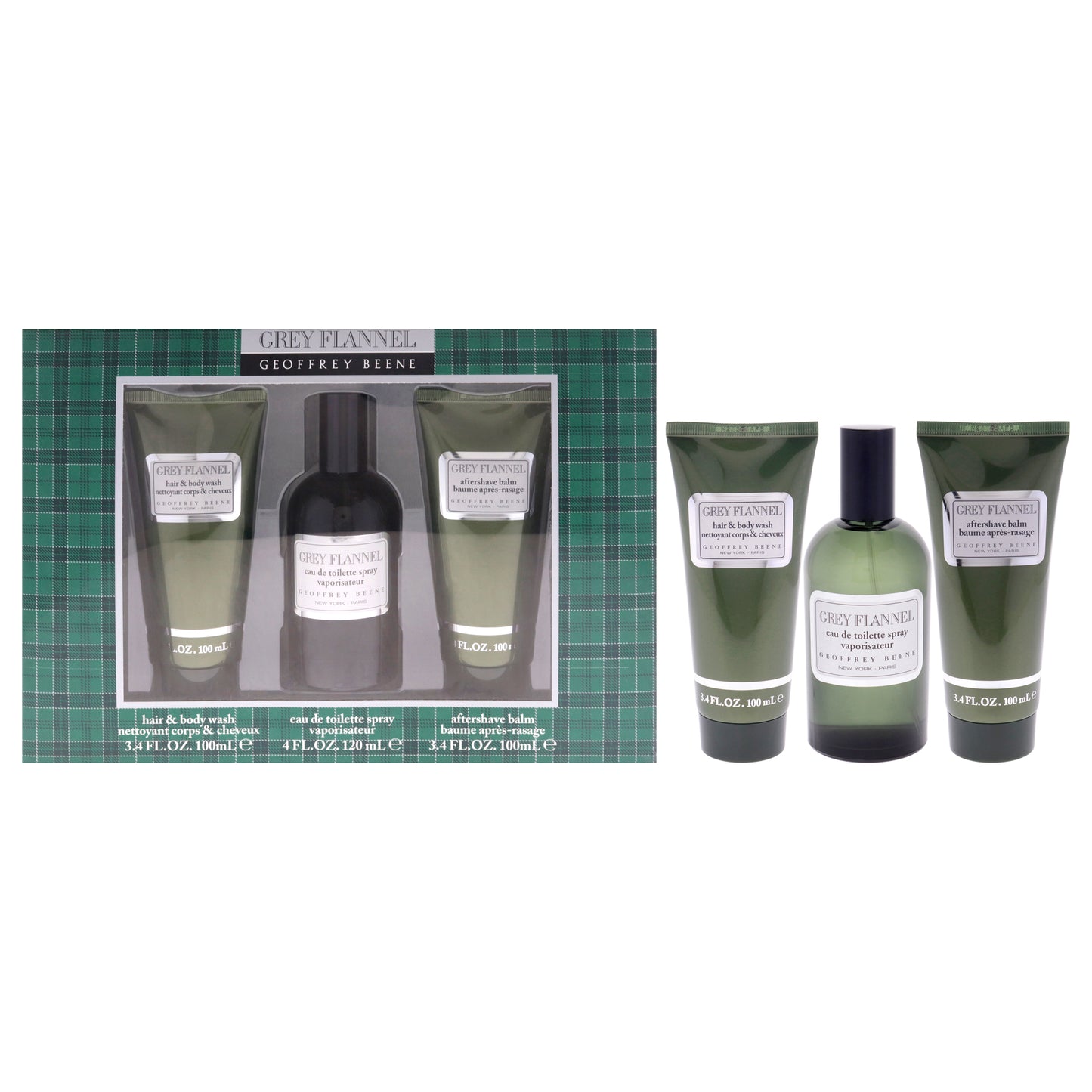 Grey Flannel by Geoffrey Beene for Men - 3 Pc Gift Set 4oz EDT Spray, 3.4oz After Shave Balm, 3.4oz Hair and Body Wash