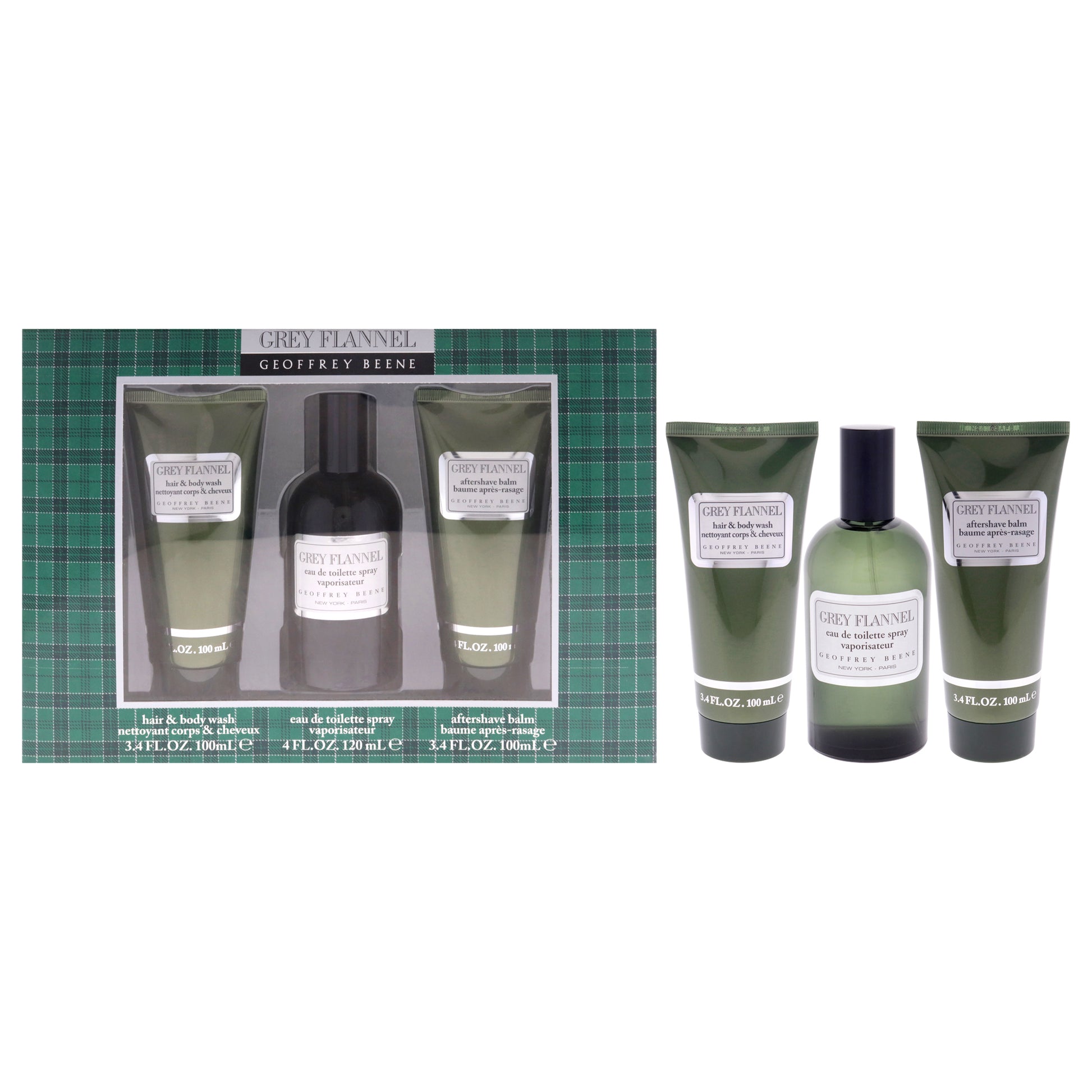 Grey Flannel by Geoffrey Beene for Men - 3 Pc Gift Set 4oz EDT Spray, 3.4oz After Shave Balm, 3.4oz Hair and Body Wash
