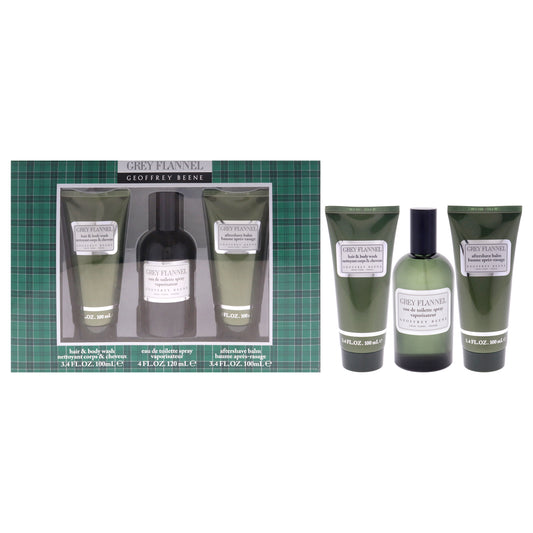 Grey Flannel by Geoffrey Beene for Men - 3 Pc Gift Set 4oz EDT Spray, 3.4oz After Shave Balm, 3.4oz Hair and Body Wash