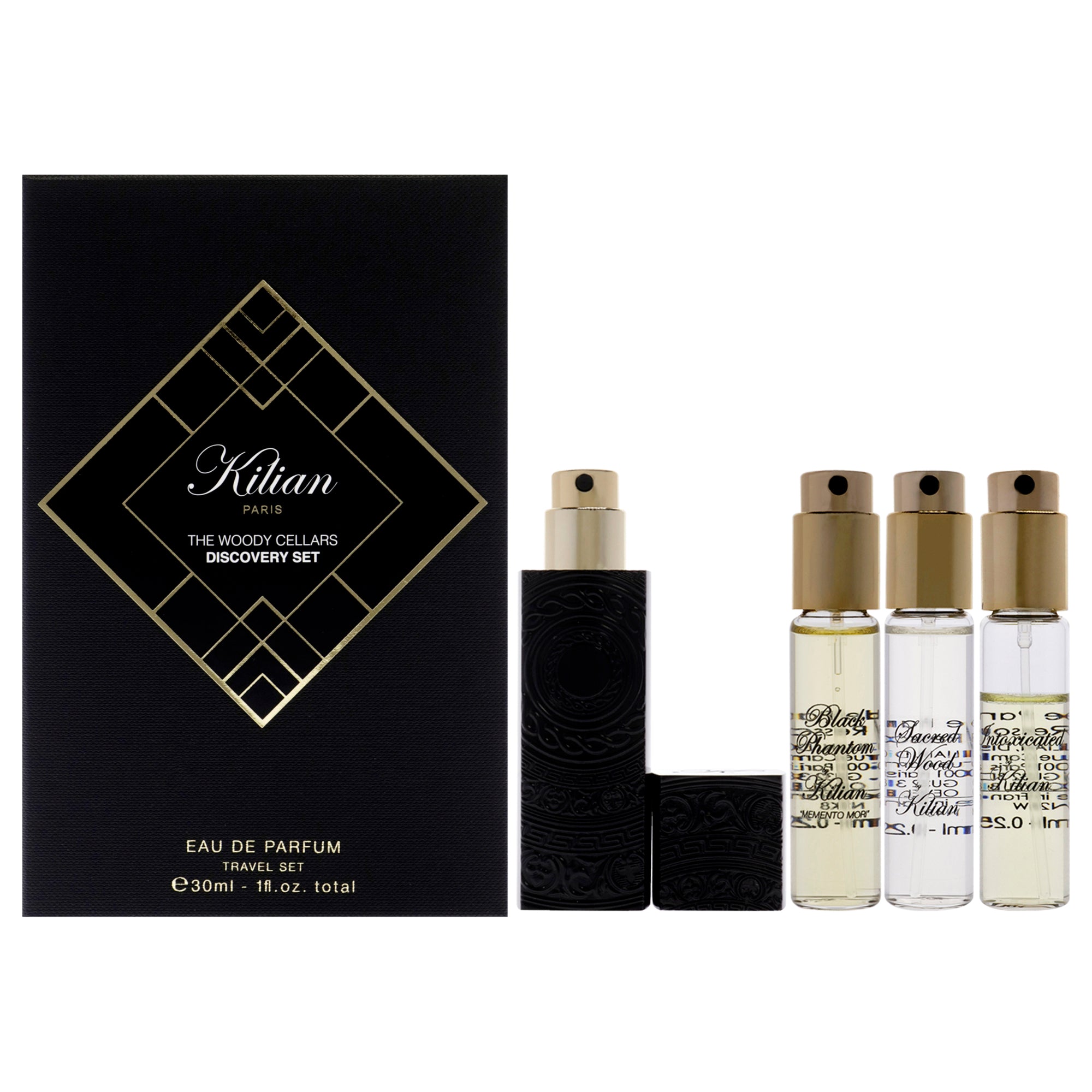 The Woody Cellars Discovery Set by Kilian for Unisex - 5 Pc Mini Gift Set 0.25oz Straight to Heaven EDP Spray (Refill), 0.25oz Memento Mori EDP Spray (Refill), 0.25oz Sacred Wood EDP Spray (Refill), 0.25oz Intoxicanted EDP Spray (Refill), Travel Spray