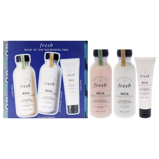 Head to Toe Nourishing Trio by Fresh for Women - 3 Pc 8.7oz Body Cleanser - Milk, 8.7oz Body Lotion - Milk, 1.6oz Hand Cream - Milk
