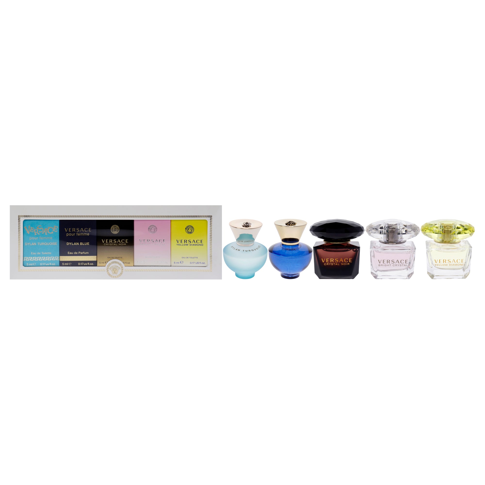 Versace Miniatures Collection by Versace for Women - 5 Pc Mini Gift Set 0.17oz Versace Dylan Blue EDP Splash, 0.17oz Versace Dylan Turquoise EDT Splash, 0.17oz Versace Crystal Noir EDT Splash, 0.17oz Versace Bright Crystal EDT Splash, 0.17oz Versace Yellow Diamond EDT Splash