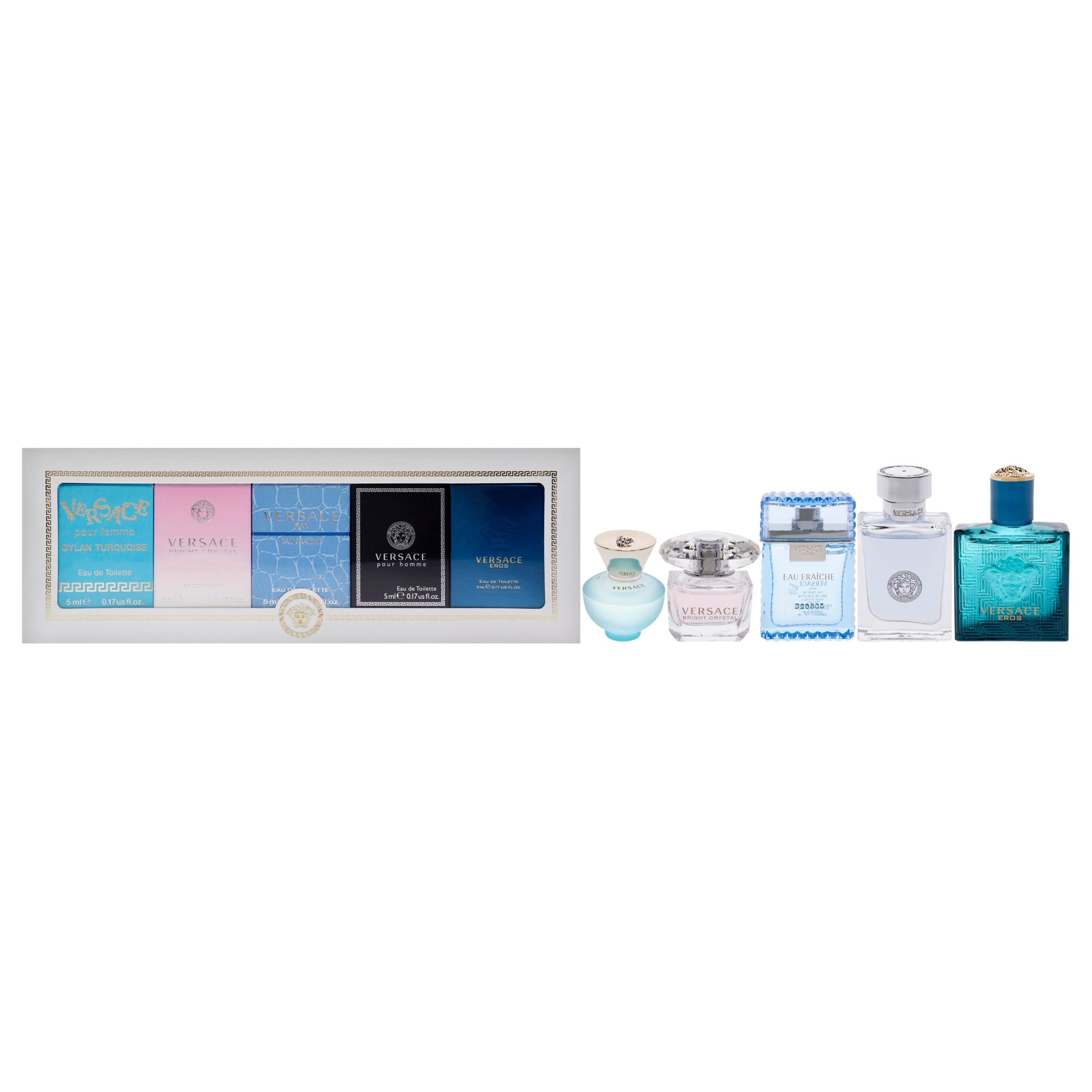 Versace Miniatures Collection by Versace for Unisex - 5 Pc Mini Gift Set 0.17oz Versace Dylan Turquoise EDT Splash, 0.17oz Versace Bright Crystal EDT Splash, 0.17oz Versace Man Eau Fraiche EDT Splash, 0.17oz Versace Pour Homme EDT Splash, 0.17oz Versace Eros EDT Splash