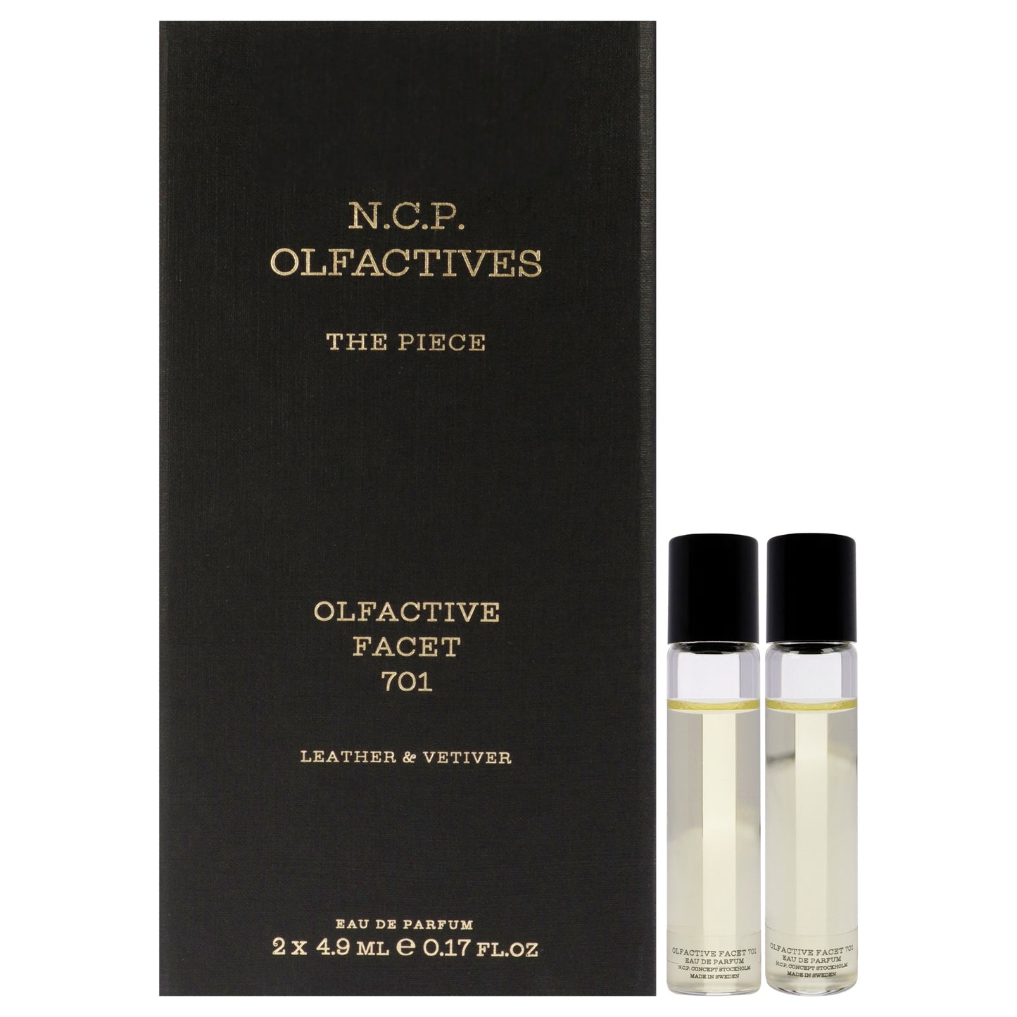 The Piece - Gold by NCP for Unisex - 3 Pc 2 x 4.9ml Olfactive Facet -701 Leather and Vetiver EDP Roll On, Necklace