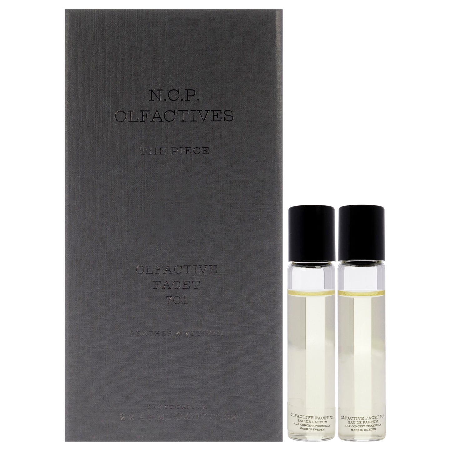 The Piece - Black by NCP for Unisex - 3 Pc 2 x 4.9ml Olfactive Facet -701 Leather and Vetiver EDP Roll On, Necklace