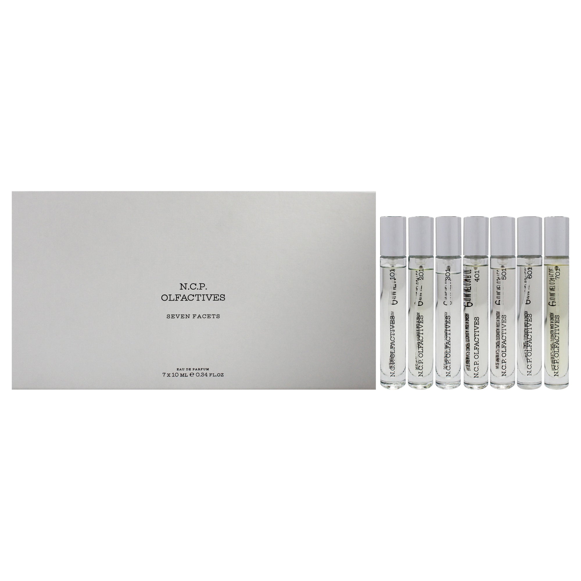 Seven Facets by NCP for Unisex - 7 x 10 ml 101 Clementine and Violet flower EDP Spray, 201 Apple and Driftwood EDP Spray, 301 Jasmine and Sandalwood EDP Spray, 401 Lavender and Juniper EDP Spray, 501 Iris and Vanilla EDP Spray, 601 Amber and Gaiacwood EDP Spray, 701 Leather and Vetiver EDP Spray