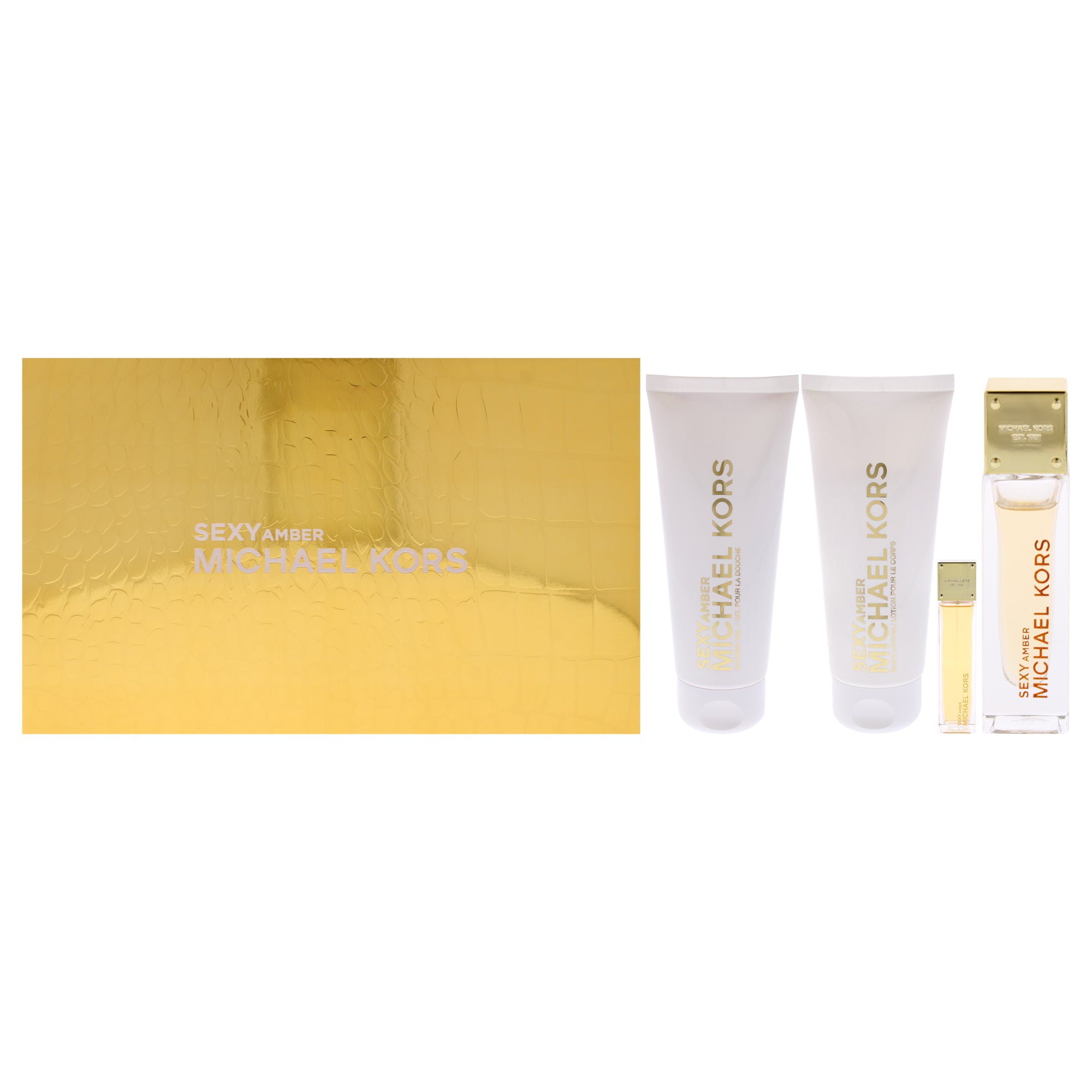 Sexy Amber by Michael Kors for Women - 4 Pc Gift Set 3.4oz EDP Spray, 0.17oz EDP Splash (Mini), 3.4oz Body Lotion, 3.4oz Shower Gel