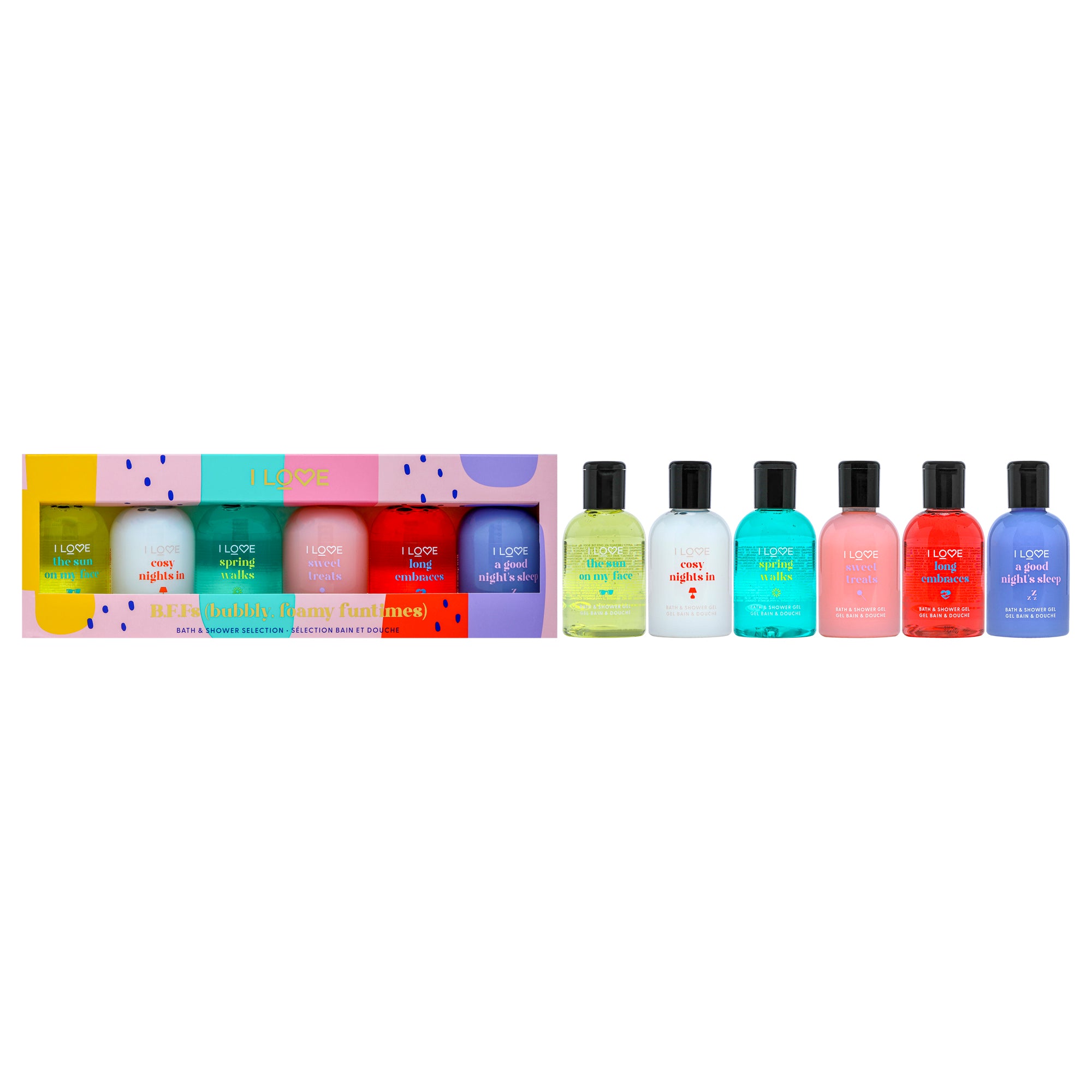 B.F.Fs Bubly, Foamy and Funtimes Bath And Shower Gel Collection by I Love Cosmetics for Women - 6 Pc 3.4oz Bath and Shower Gel - The Sun On My Face, 0.34oz Bath and Shower Gel - Cosy Nights In, 3.4oz Bath and Shower Gel - Spring Walks, 0.34oz Bath an