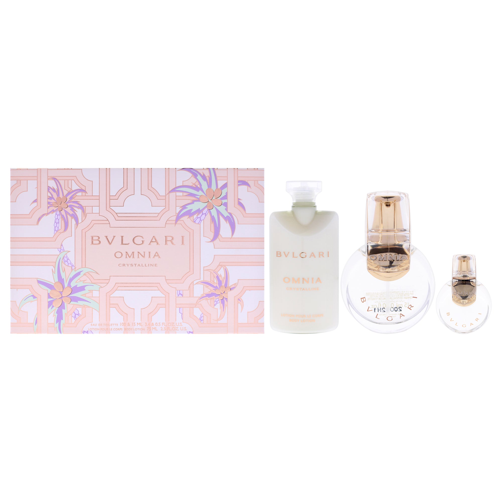Omnia Crystalline by Bvlgari for Women - 3 Pc Gift Set 3.4oz EDT Spray, 0.5oz EDT Spray, 2.5oz Body Lotion